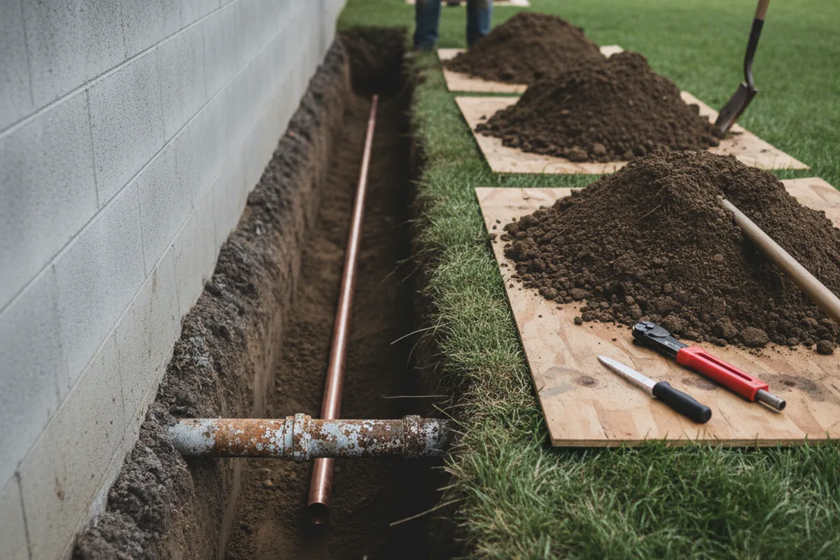 Excavated water line trench during Sewer Line Repair in Rockwell